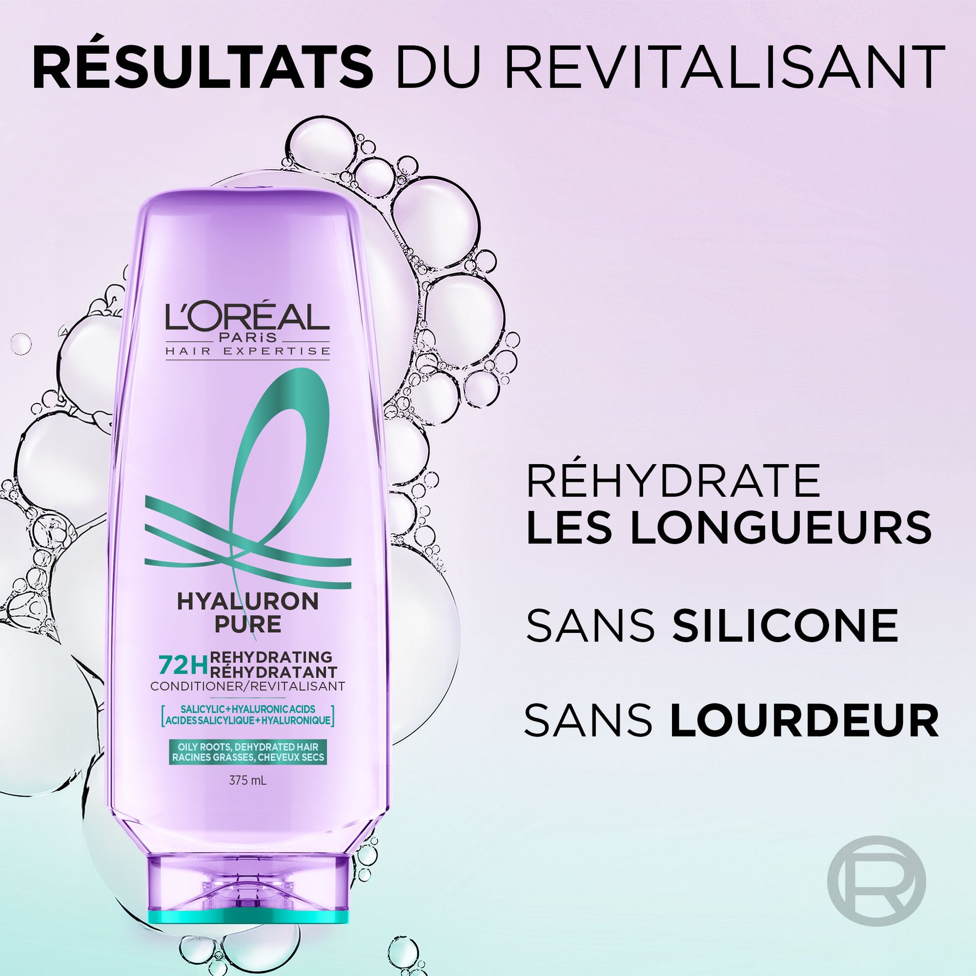 1 bouteille de revitalisant hyaluron pure qui permet d'éliminer le sébum et les impuretés et qui réhydrate les longueurs